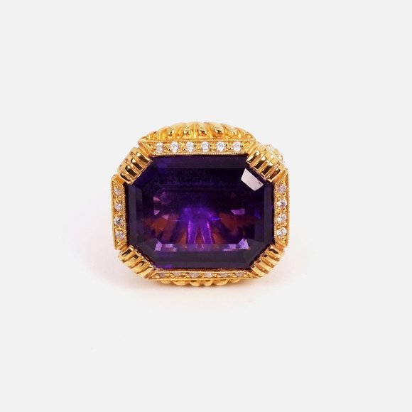 Gold-Diamond Bishop Ring, Oversized amethyst ring, Rectangular  amethyst ring - Picture 4 of 10